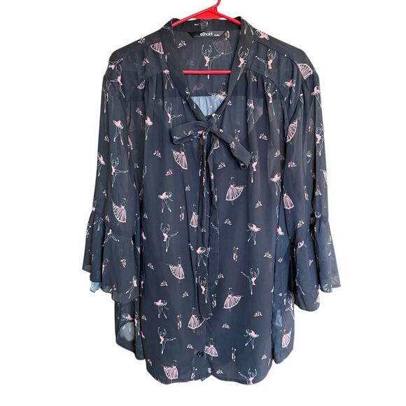 Eshakti Blouse Button Up 4XL Ballet Print Flared Sleeves Relaxed Comfort Whimsy - Picture 1 of 9